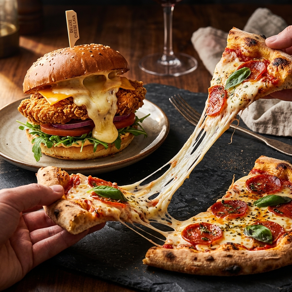 Freshly baked cheesy pizza and crispy chicken burger